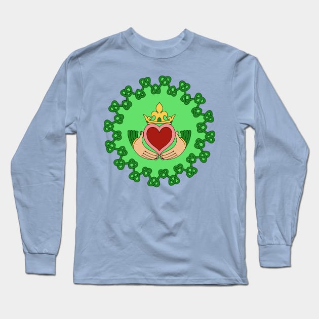Claddagh and Green Knotwork Long Sleeve T-Shirt by AzureLionProductions